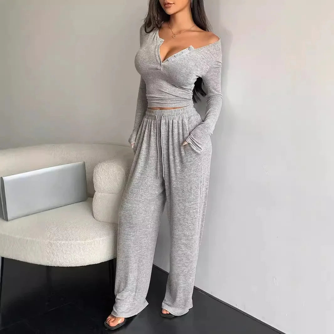 Two Piece Sets Women Pants Set Tracksuit Full Sleeve Sheath V Neck Tops Lace Up Elastic Waist Wide Leg Long Pants Casual Loose