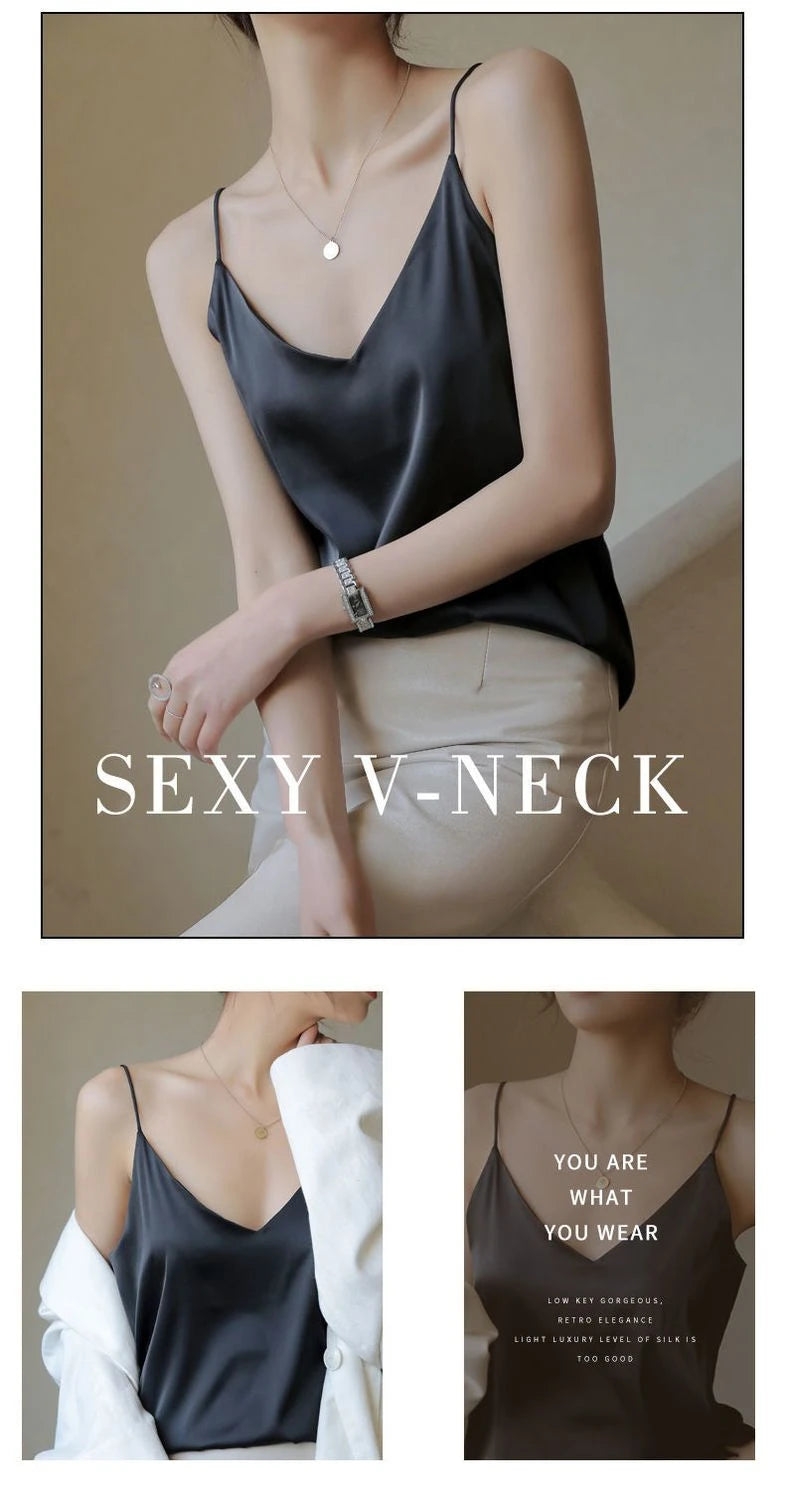 Spaghetti Strap Top Women Halter V Neck Basic White Cami Sleeveless Satin Silk 2025 Tank Tops Women'S Summer Camisole