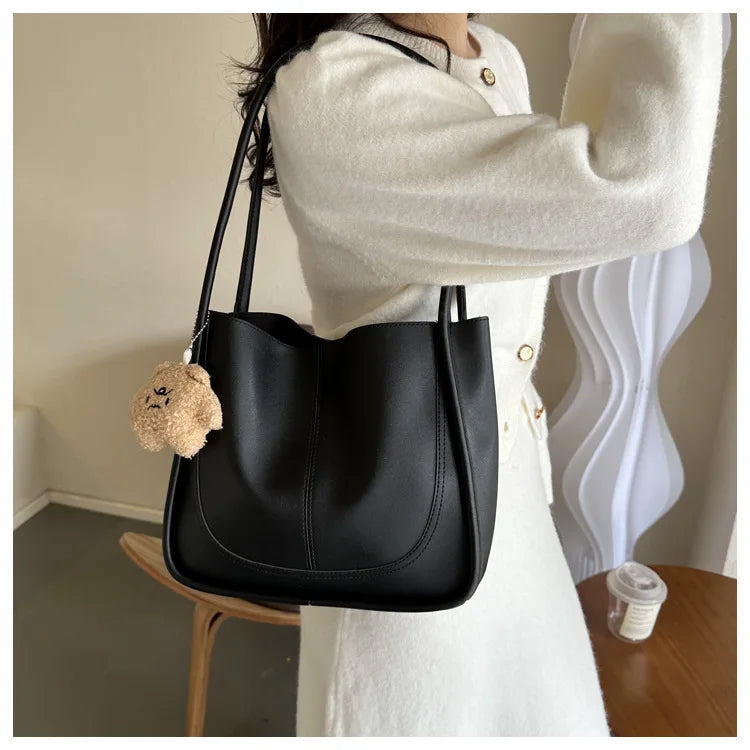 Women's Retro Tote - High-Quality Solid Color, Minimalist Large-Capacity Commuter Handheld/Single-Shoulder