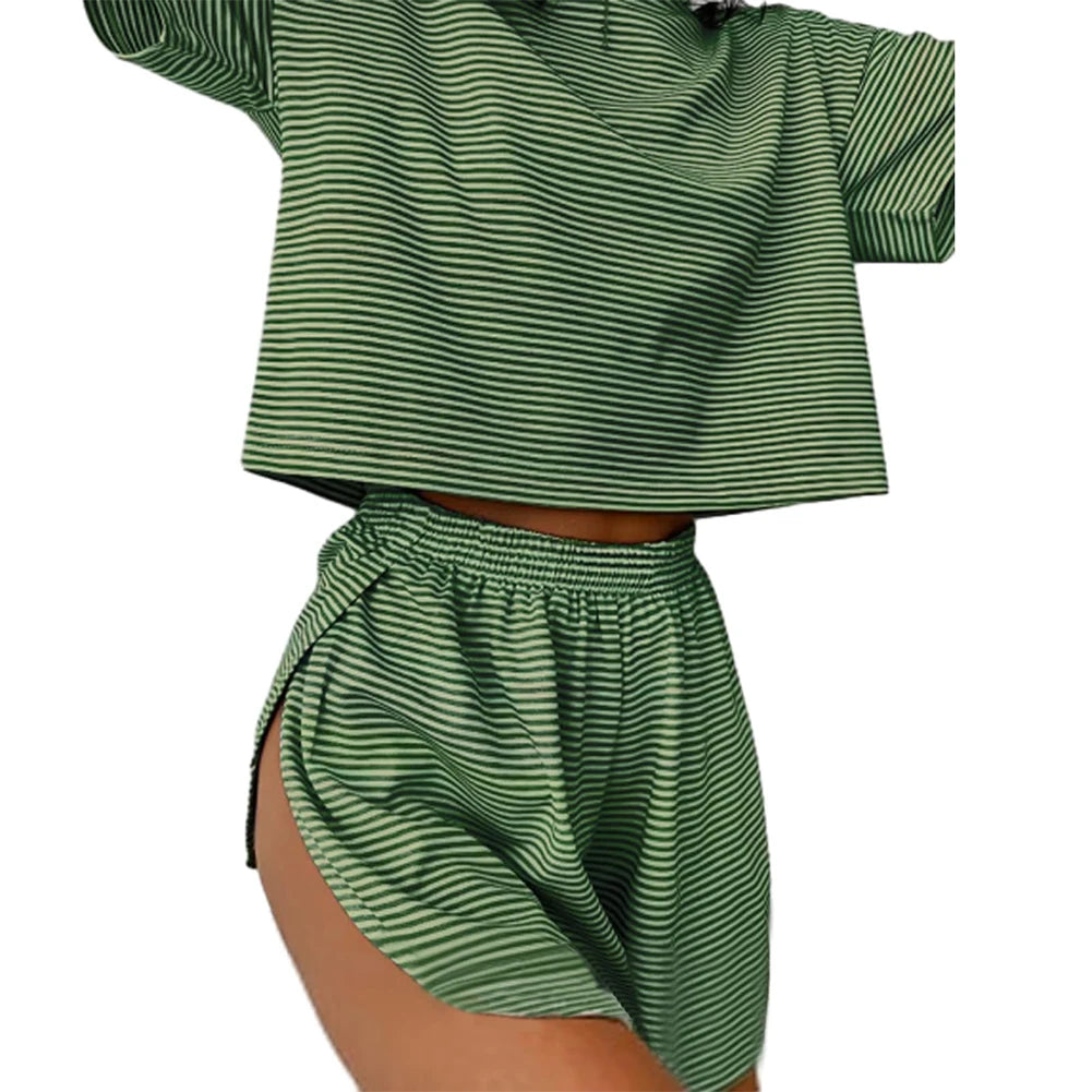 2 Pieces Pajamas Set Women Striped Pajamas Set Short Sleeve Tops and Shorts Soft Sleepwear Nightwear PJs Set