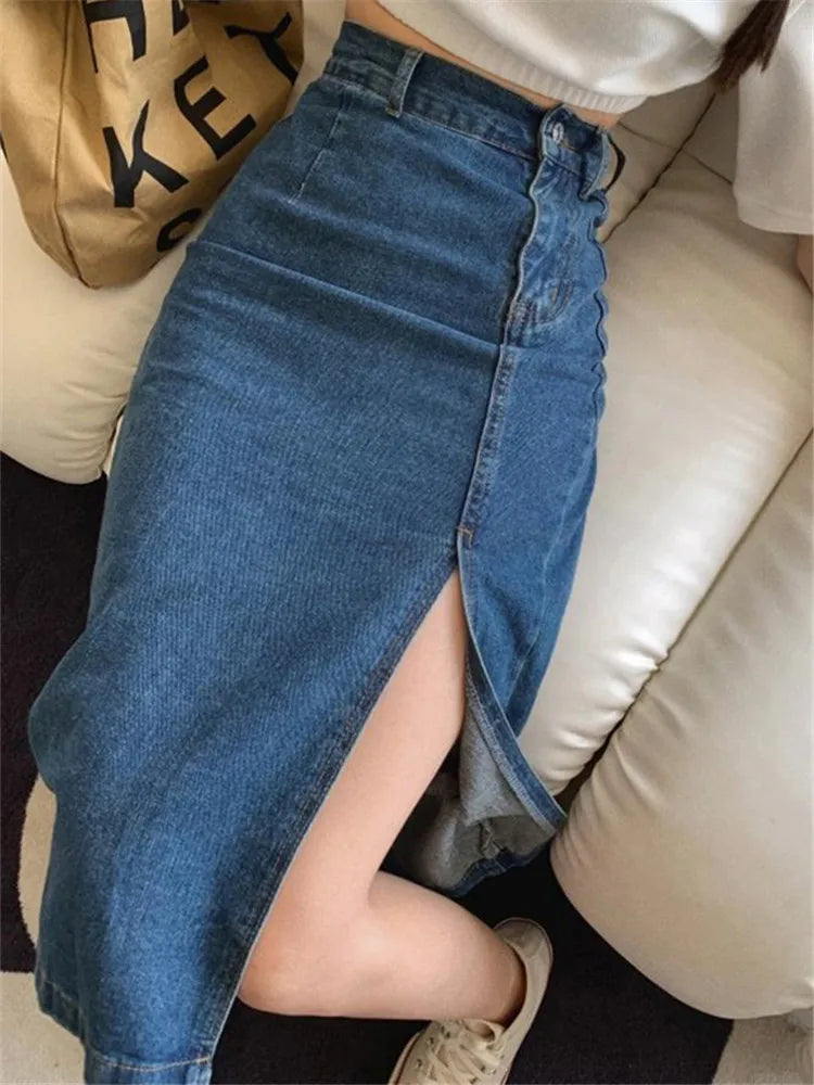 REALEFT Women's Midi Denim Skirt Spring Side Split High Wasit Jeans Skirts Straight Female A-line Pencil Skirt 2023 New Summer