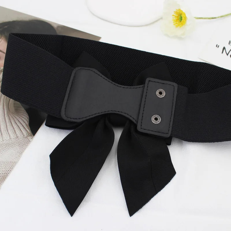 New Fashion Elegant Large Bow Elastic Belts for Women Wide Side Belt Dress Female Jeans Waistband Trouser Accessory