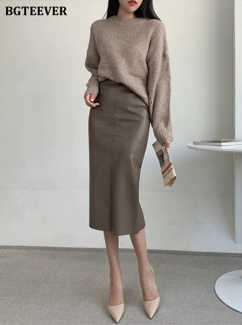 BGTEEVER Stylish Package Hip PU Leather Skirts for Women Autumn Elegant High Waist Slim Split Ladies Pencil Skirts