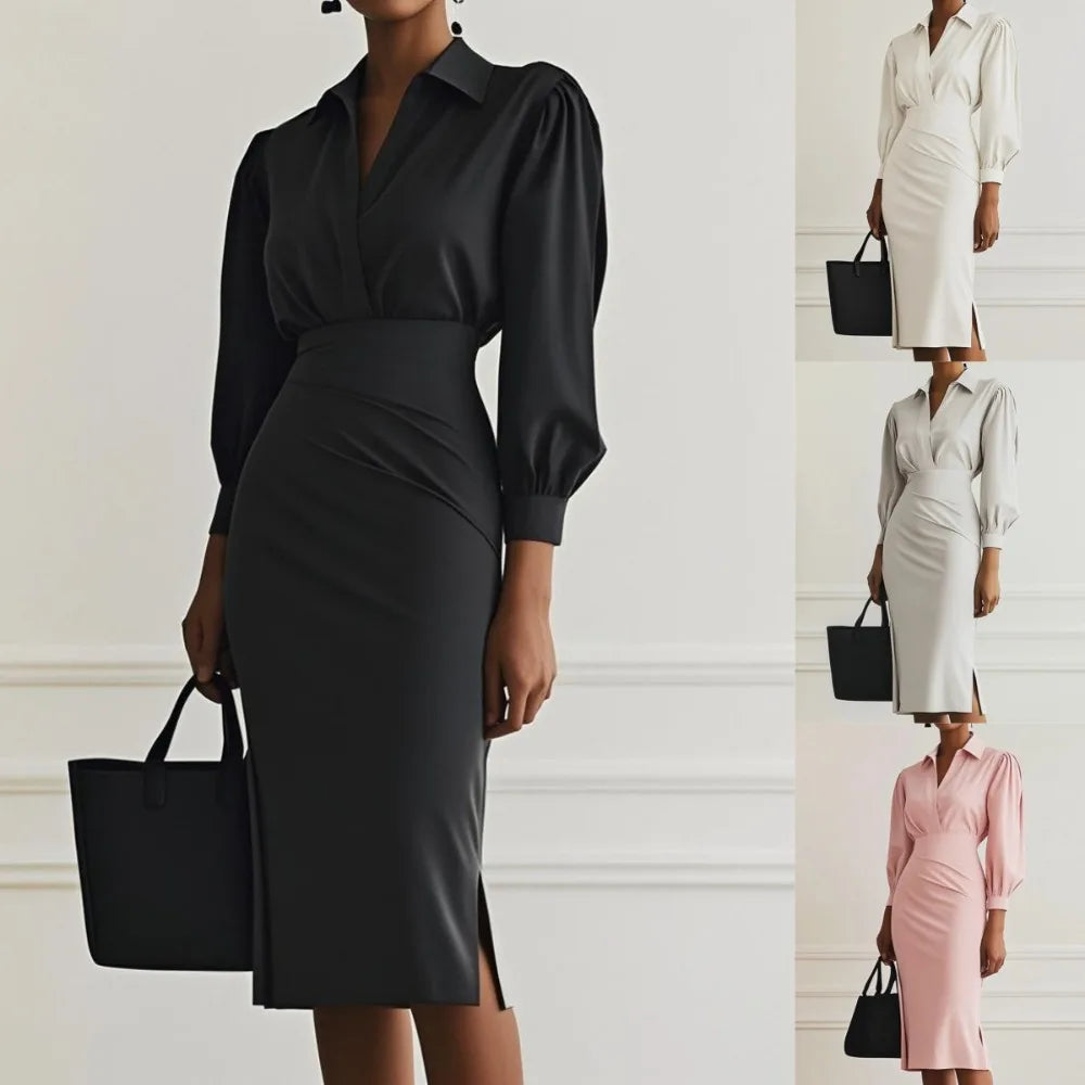 Dresses Women Long Dress 2025 Autumn Office Lady Vestidos Largos Lapel Split Slash Tight Waist Slim Solid Casual Elegant Dresses