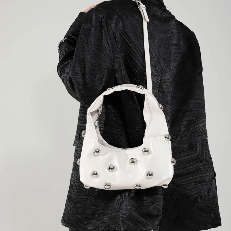 Black Half Moon Underarm Bag For Women Luxury Studded Beading Handbags Red Purse Solid Color Pu Leather Shoulder Crossbody Bags