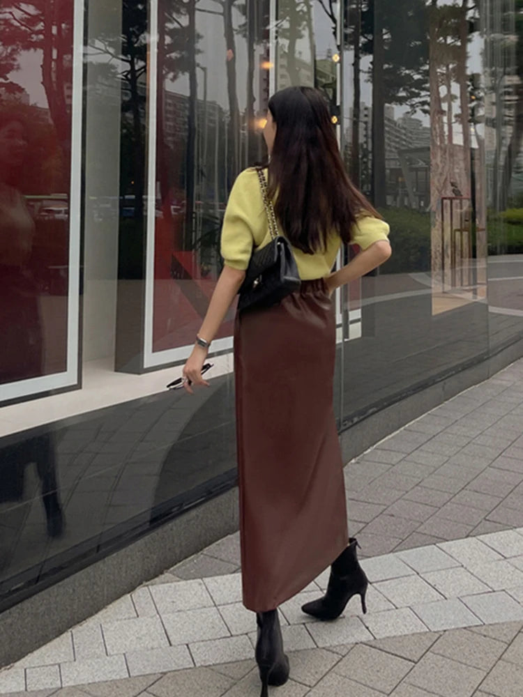2025 Autumn Winter New PU Leather Half Skirt Fashion Irregular High Waist Skirts Temperament Slim Women Solid Color Split Skirt