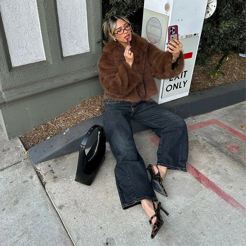 Street Faux Fur Women Coat Urban Full Sleeve Lapel Panelled Pocket Female Outwear 2025 Autumn Winter Elegant Lady Outwear