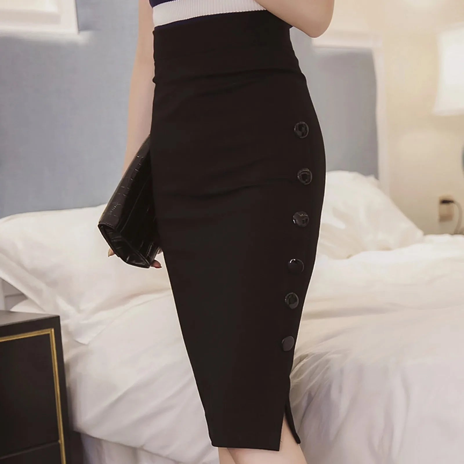 Elegant Women Vintage Office Skirt Lady Slim High Waist Buttons Slit Pencil Skirts Women Summer Sexy Stretch Midi Skirts