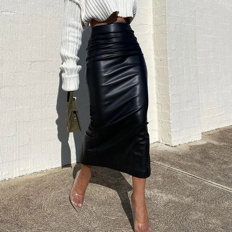 Elegant Skirt Office Lady Fashion Ruched PU Leather Midi Skirts Women Slim High Waist Black Skirts Spring Autumn Bottom 2023 New