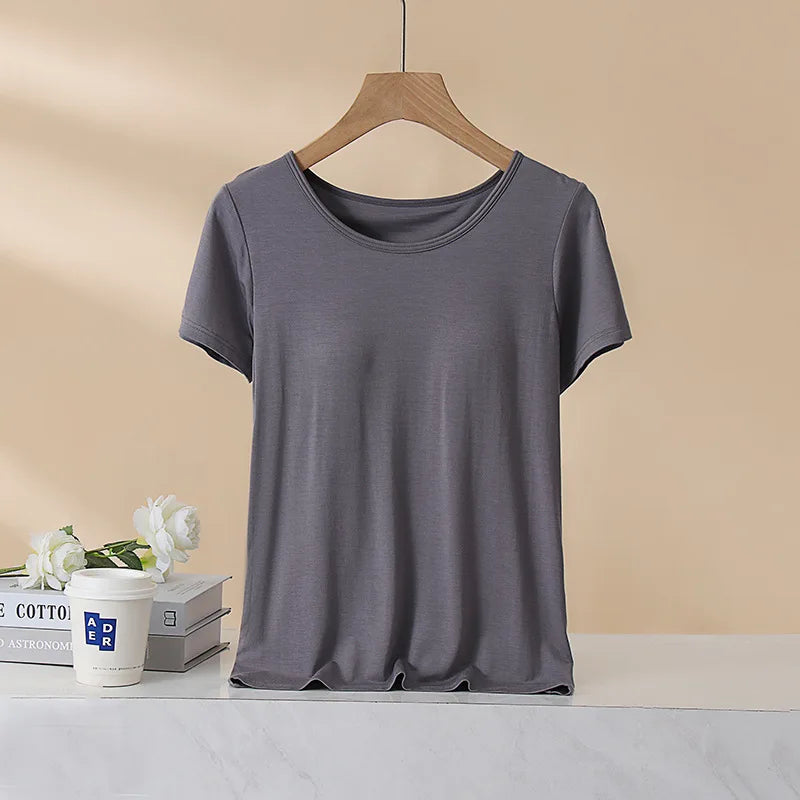 Women's T-Shirt with Chest Pad Tops  One-Piece Bra Cup Slim T Shirt Female Summer Top Bottoming Shirts Home Wear Women Pajamas