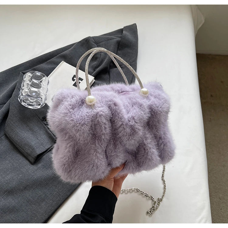 Soft Plush Evening Bags For Elegant Women Fur Dinner Party Clutch Chain Crossbody Winter Warm Luxury Designer Handbags