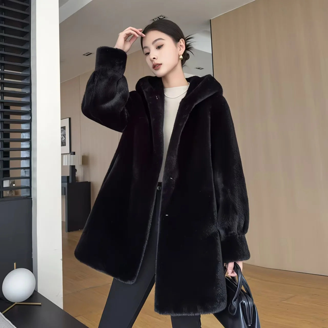 Faux Mink Fur Coat for Women,Covered Button Jackets,Hooded Overcoat,Female Clothes,Thicken Warm,Winter,New, 2025