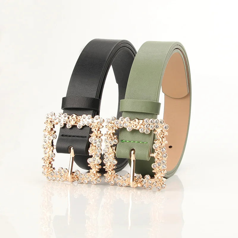 Fashionable Belts for Woman Shiny Rhinestone Beautiful Square Wreath Metal Buckle Solid Color PU Belts