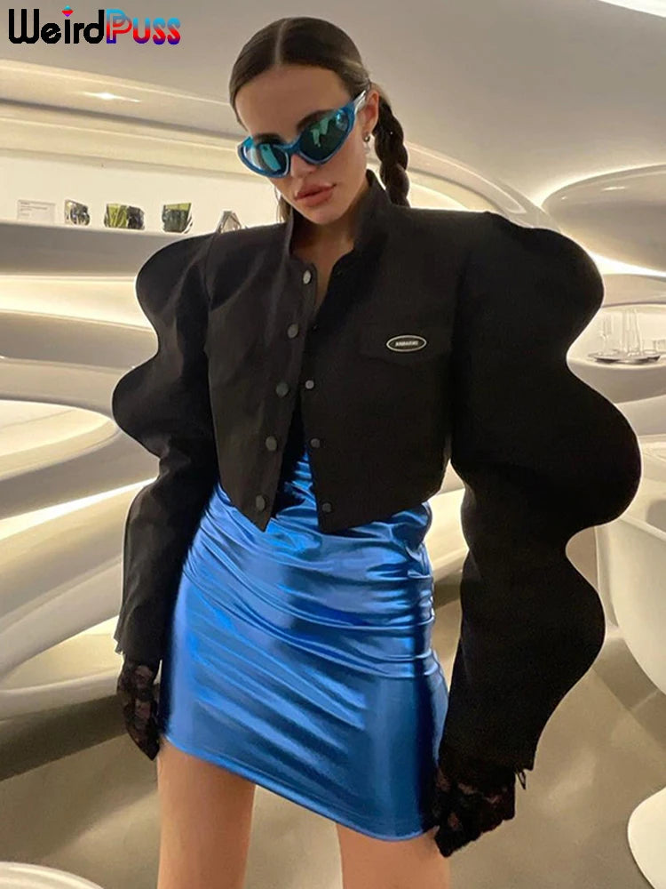 Weird Puss Special Sleeve Jacket Women Solid Single-Breasted Y2K Fashionable Autumn Warmth Wild Street Causal Short Outwear Coat