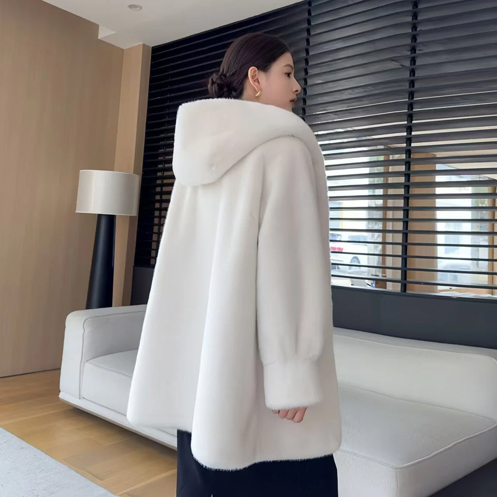Faux Mink Fur Coat for Women,Covered Button Jackets,Hooded Overcoat,Female Clothes,Thicken Warm,Winter,New, 2025