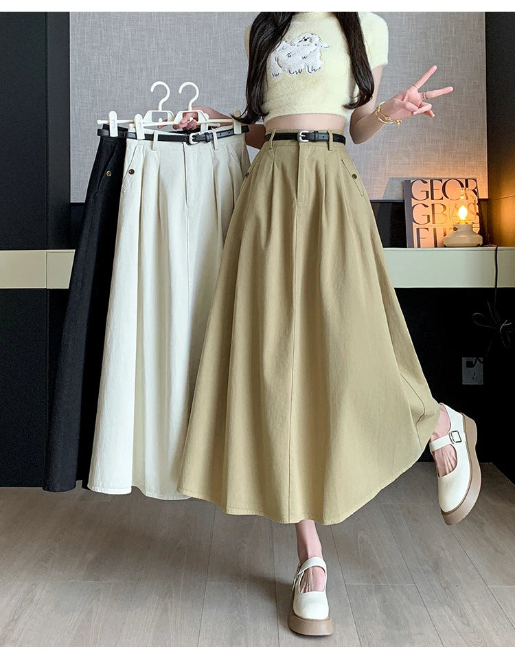 Seoulish Denim Skirts for Women 2024 Spring Summer New High Waist A-line Large Hem Office Lady Umbrella Skirt Pleated Long Skirt