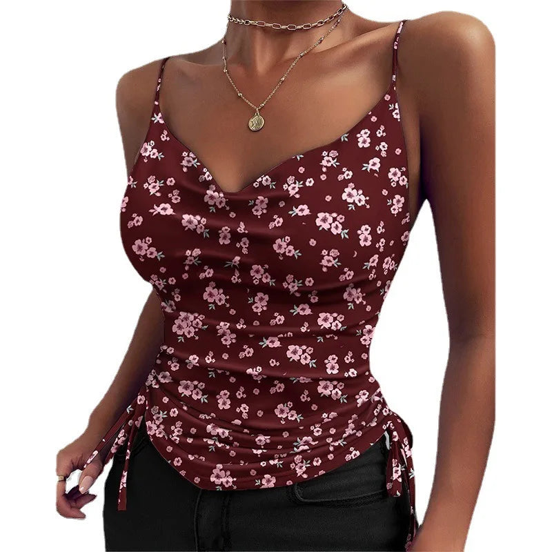 Women's Solid Tank Top V Neck Camisole Cami Drawstring Spaghetti Strap Top Sleeveless Blouse Tank Shirt New Summer Crop Top