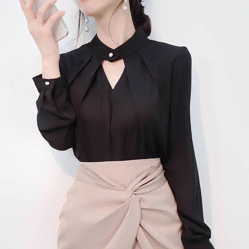 Solid Blouses Women Chiffon Shirts Long Sleeve Slim Hollow Sexy All-match Basic Spring Summer Tops Thin Chic Elegant Female Ins