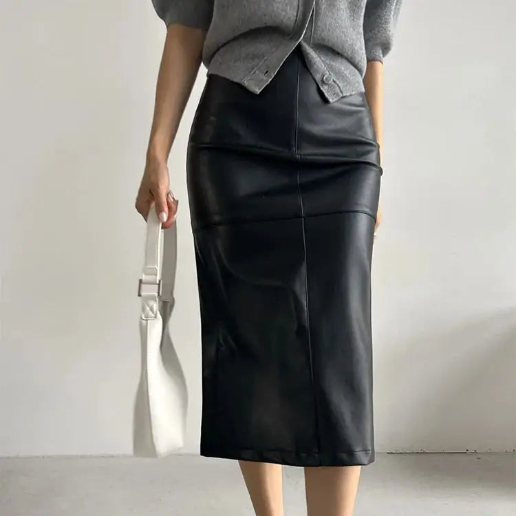 New Fashion Pu Leather Skirt Women Fashion Autumn High Waist Slim Split Wrapped Hip Pencil Skirts Elegant Office Lady Jupe