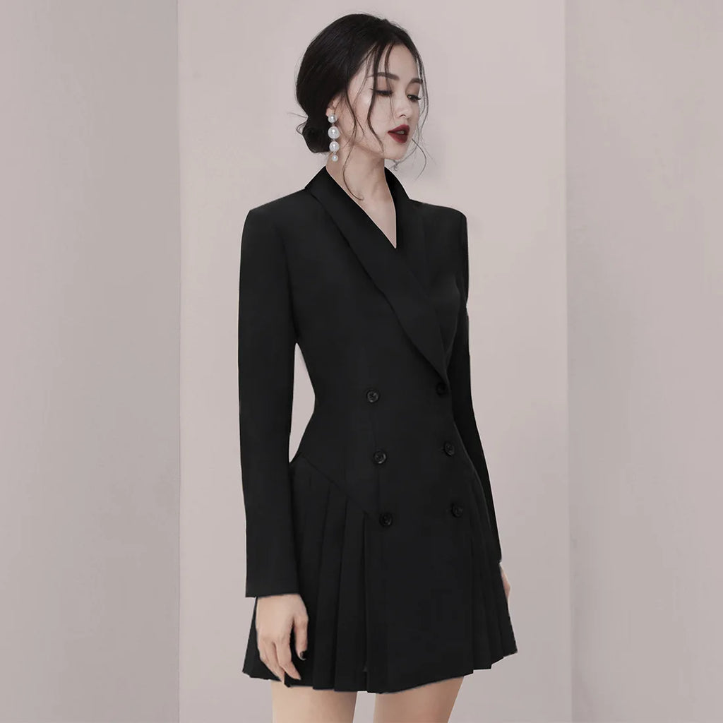 Trendy Early Autumn Bla Suit Dr V-Ne Long Sve Pleated Slimming OL Dr Faionable Women's  Dr for Young Ad...