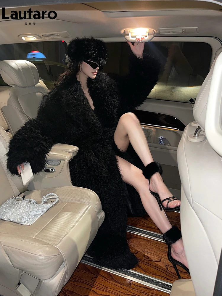 Lautaro Winter Extra Long Soft Thick Warm Fluffy Black Fuzzy Shaggy Hairy Faux Fur Coat Women Sashes Luxury Furry Overcoat 2023