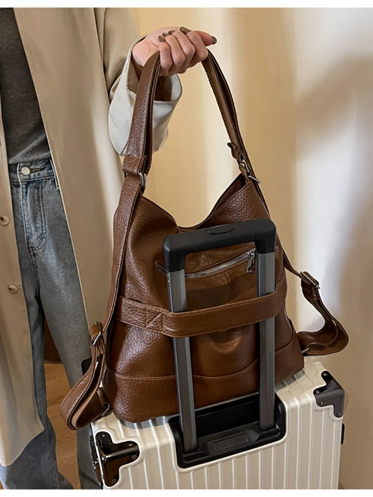 Versatile Student PU Backpack Women New Large Capacity Commute Travel Shoulder Crossbody Bags Fashion All-matched Tote Bag