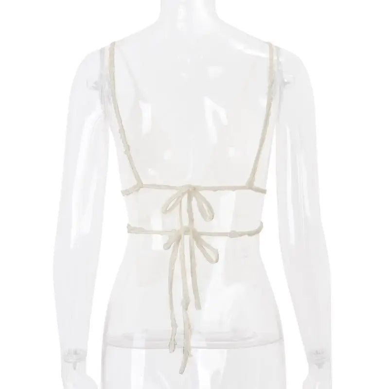 Women Lace Spaghetti Strap Deep V Neck Sexy Cami Top Backless Sheer Crop Tank Summer Chic Transparent Bralette Top 2025 New