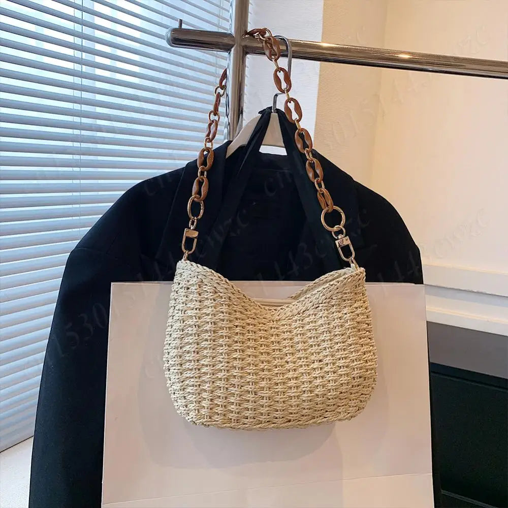 Straw Purse for Women with Chain Woven Shoulder Bag Zipper Underarm Bag Large Capacity Clutch Purse for Travel Vacation