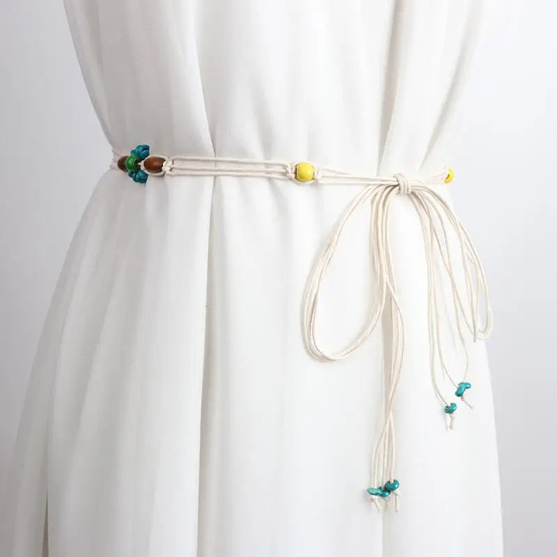 Belts For Women Knot Waistband Summer Boho Shell Bead Dress Jeans Belt Female Beach Accessory Beige Wax Cord