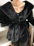Lautaro Winter Black Warm Oversized Faux Fur Cardigan Women Drop Shoulder Long Sleeve Sashes Loose Stylish Korean Fashion 2021