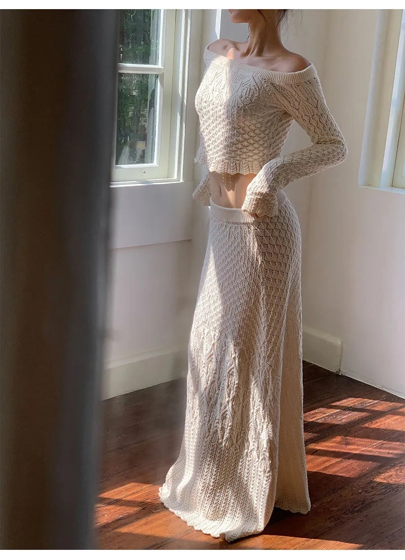 Women's Knitted Sweater Skirt Two-Piece Suit New Sexy Hollow Off-Neck Long Sleeve Sweater Skirt Suit
