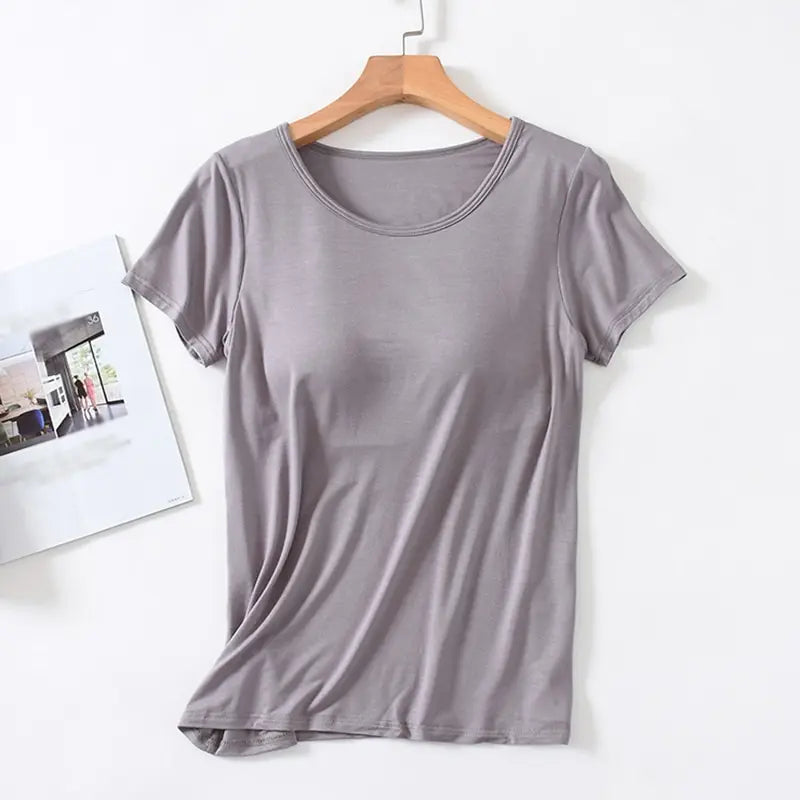 Women's T-Shirt with Chest Pad Tops  One-Piece Bra Cup Slim T Shirt Female Summer Top Bottoming Shirts Home Wear Women Pajamas