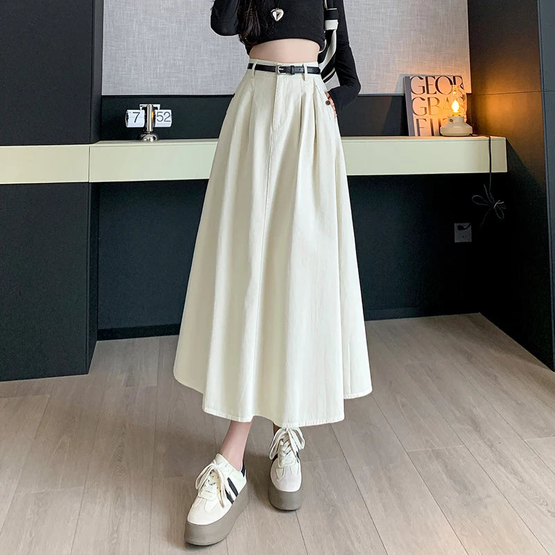 Seoulish Denim Skirts for Women 2024 Spring Summer New High Waist A-line Large Hem Office Lady Umbrella Skirt Pleated Long Skirt