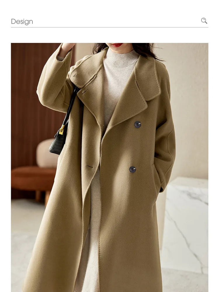 SENTUBILA Women's Long Woolen Overcoats 2025 Winter Outerwear Elegant Turtleneck Warm Double Breasted Belt Wrap Coat W24O42064