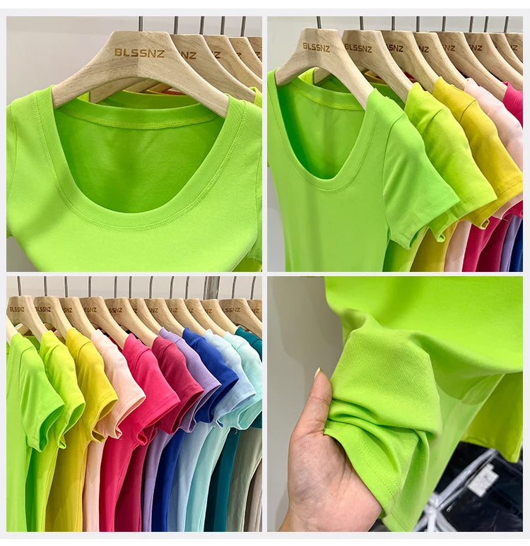 2025 Sexy Square Collar Slim T Shirt Women Cotton Elastic Basic Solid Female Casual Tops Short Sleeve Thin T-shirts See Through