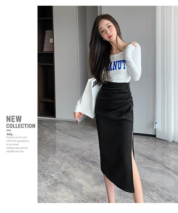 Slit Pleated Skirt for Women 2025 Summer New High-waist Slim Mid-length Versatile A-line Skirt