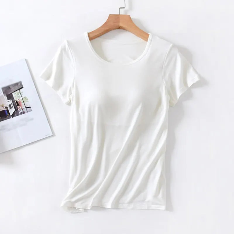 Women's T-Shirt with Chest Pad Tops  One-Piece Bra Cup Slim T Shirt Female Summer Top Bottoming Shirts Home Wear Women Pajamas