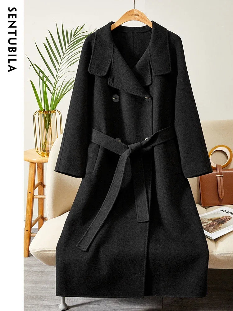 SENTUBILA Women's Long Woolen Overcoats 2025 Winter Outerwear Elegant Turtleneck Warm Double Breasted Belt Wrap Coat W24O42064