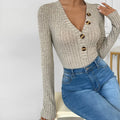 Bodysuit Women Full Sleeve Ribbed Romper Bodysuits Ladies V Neck Slim Tops Buttons Jumpsuit 2024 Autumn Female Sexy Playsuit