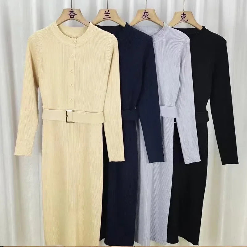 Elegant Sexy Single Breasted Stand Collar Long Sleeve Bodycon Dress Solid Color Stretch Knit Tight  Slim Autumn Winter Dresss