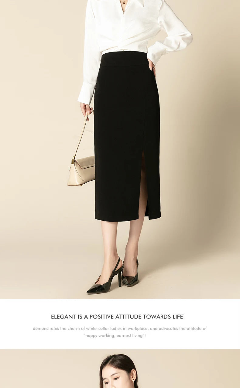 ZUZK Slit Hem Bodycon Skirt Women Elegant  High Waist Slim Skirt Spring Autumn Office Lady Mid-long Work Pencil Skirt