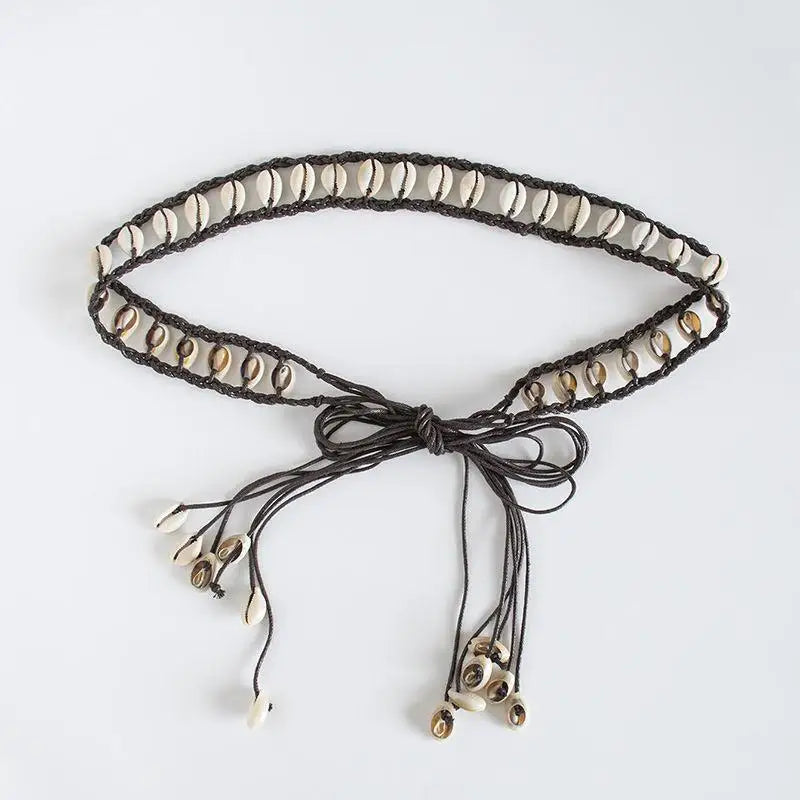 Belts For Women Knot Waistband Summer Boho Shell Bead Dress Jeans Belt Female Beach Accessory Beige Wax Cord