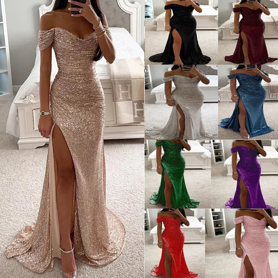 Casual Chic One-Shoulder Slit Dress Women's Fashion Party Wear Polyester Fiber Maxi Dress Regular Waistline No Sleeve
