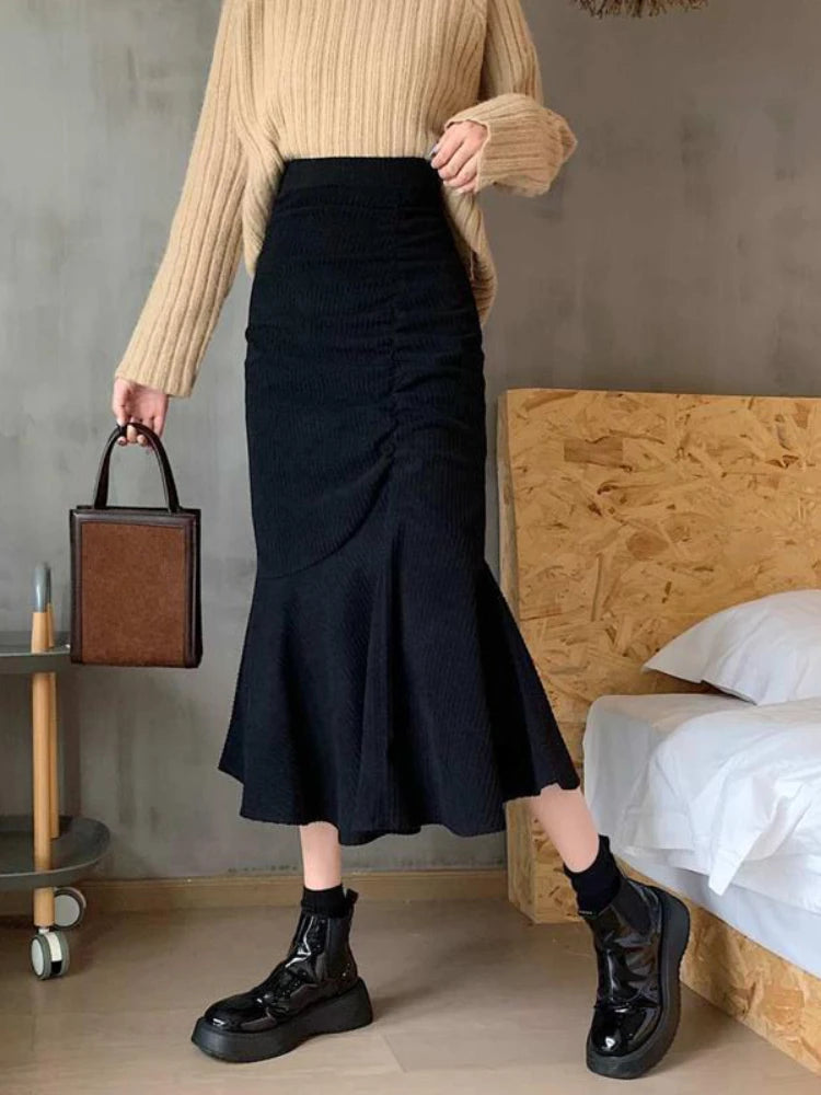 Fashion High Waist Midi Skirts for Women 2023 Spring Slim Fit  Hip Mermaid Skirt Woman Korean Ruffles Brown Skirts 2XL