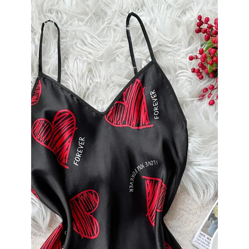 Print Satin Slip Nightdress V Neck Backless Mini Sleep Dress Women Sleepwear Dresses Nightgown Cosplay Sexy Pajama