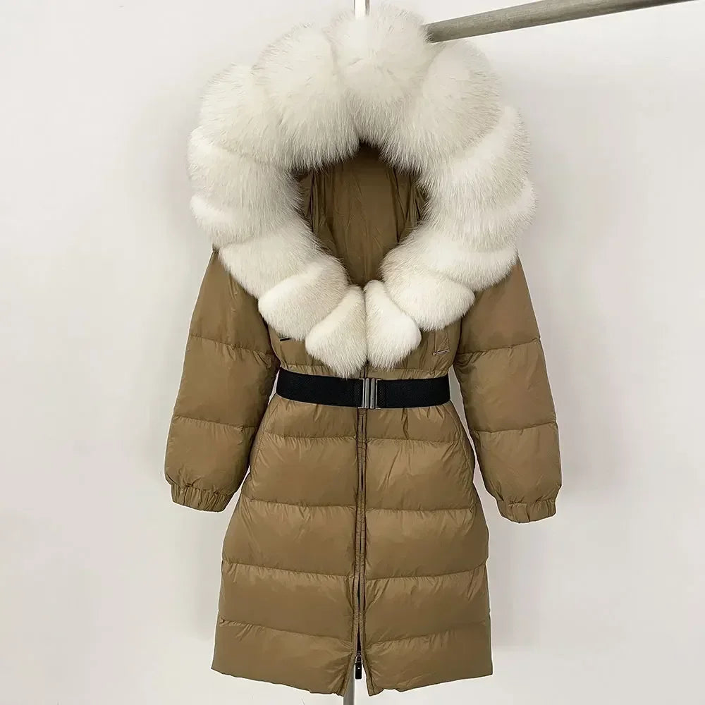 90% White Duck Down Coat New Natural Thick Warm Long Winter Jacket Women Real Big Fox Fur Collar Belt Loose Puffer Parka