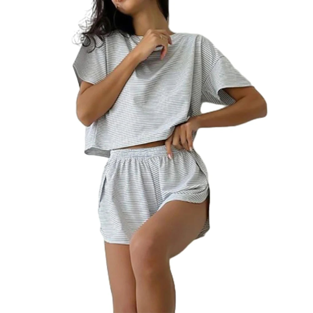 2 Pieces Pajamas Set Women Striped Pajamas Set Short Sleeve Tops and Shorts Soft Sleepwear Nightwear PJs Set