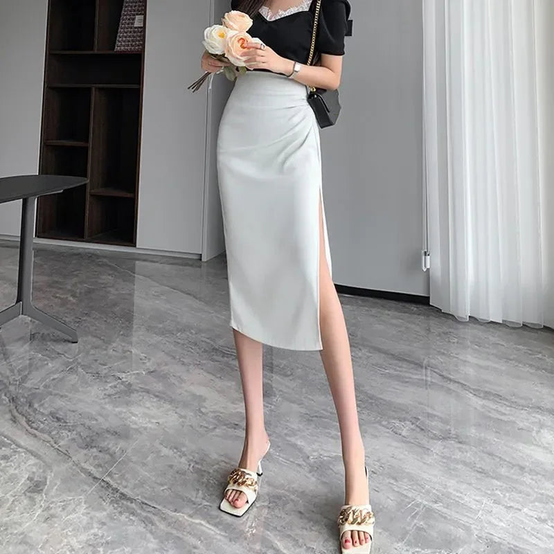 Slit Pleated Skirt for Women 2025 Summer New High-waist Slim Mid-length Versatile A-line Skirt