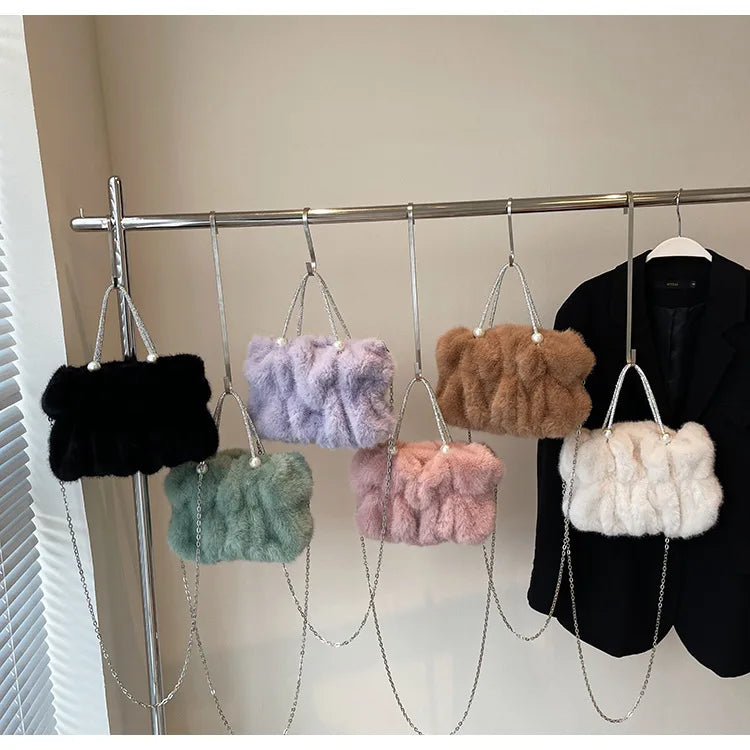 Soft Plush Evening Bags For Elegant Women Fur Dinner Party Clutch Chain Crossbody Winter Warm Luxury Designer Handbags