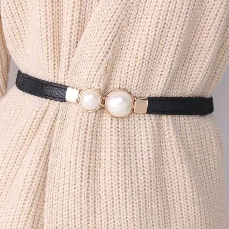 Elegant Double Pearls Buckle Elastic Women Belts Thin Straps Lady Girl Dress Skirt Decor Waistbands Trouser Decoration GM113